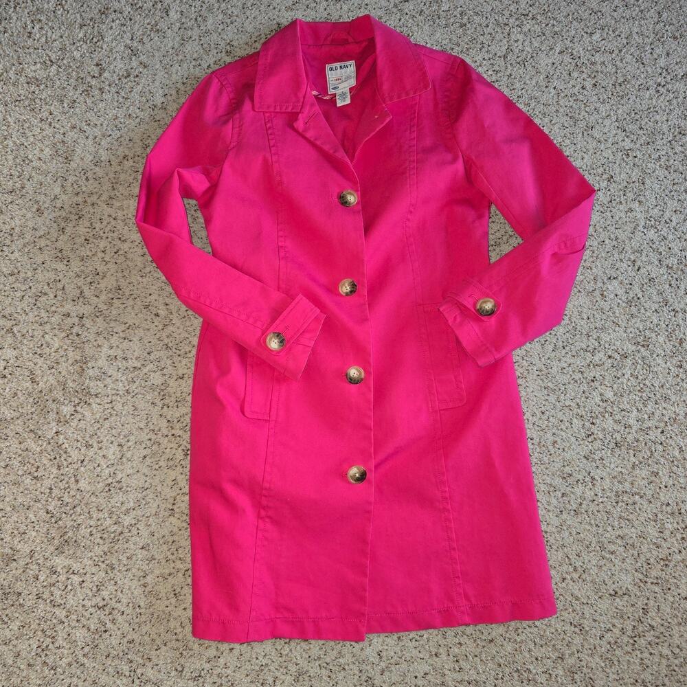 Vintage Y2K Old Navy Hot Pink Mid Length Single Breasted Trench Coat Medium EUC - Picture 2 of 8